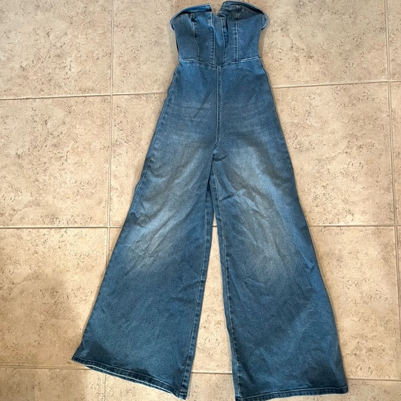 Free People Pants - Free People Blue Denim Jumpsuit Wide-Leg Retro